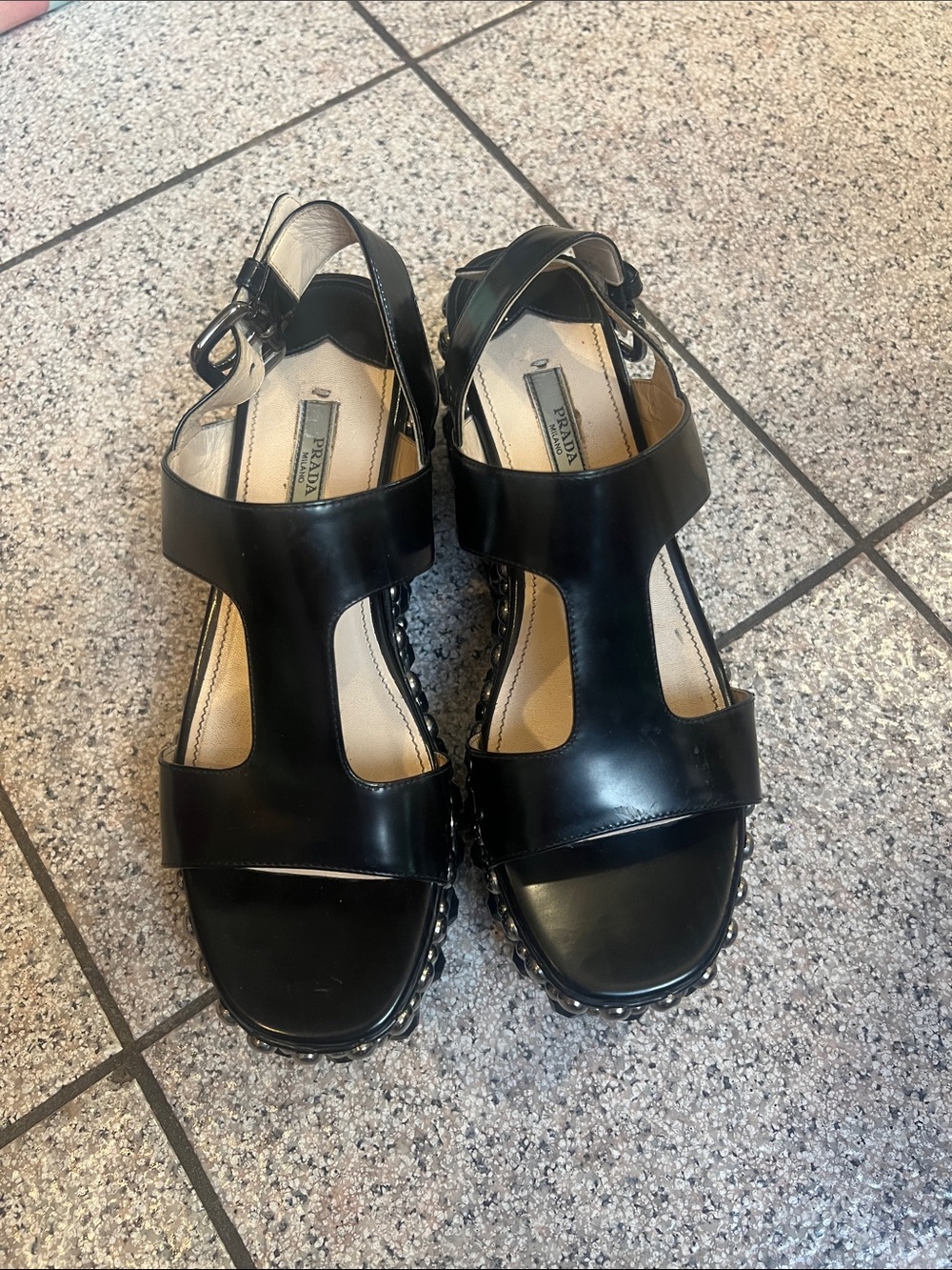 Prada Black Leather T-Strap Studded Platform Sandals